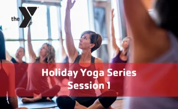 A group sitting cross-legged with one hand in the air. Title: Holiday Yoga Series, Session I.
